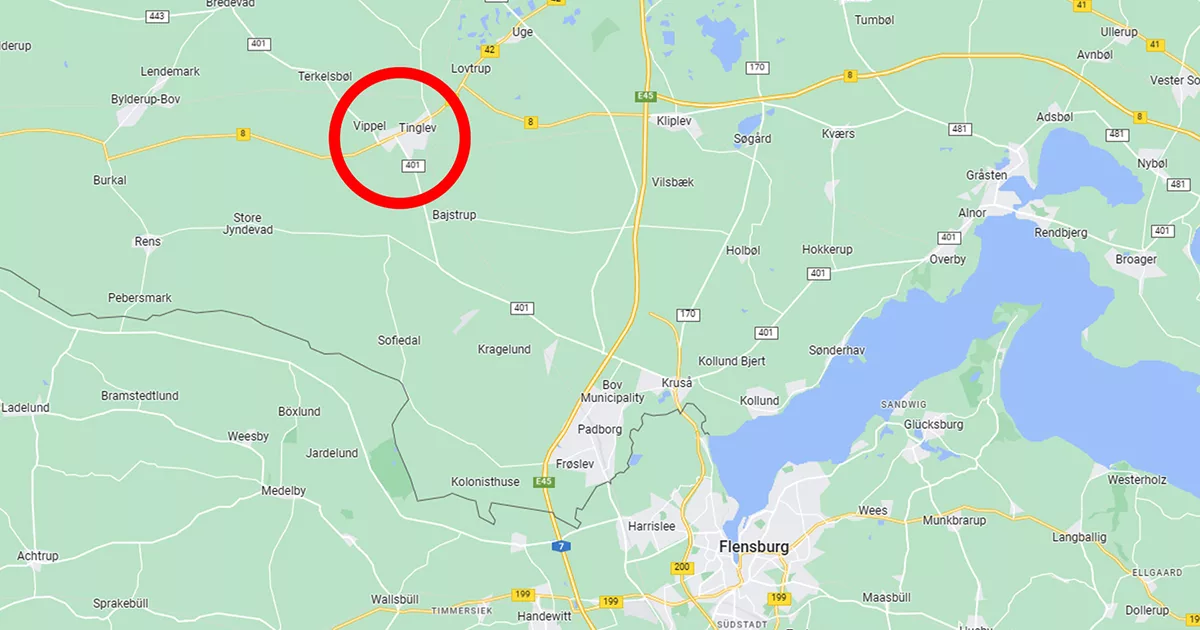 Die Ortschaft Tingleff (im roten Kreis). Südöstlich liegt Flensburg.