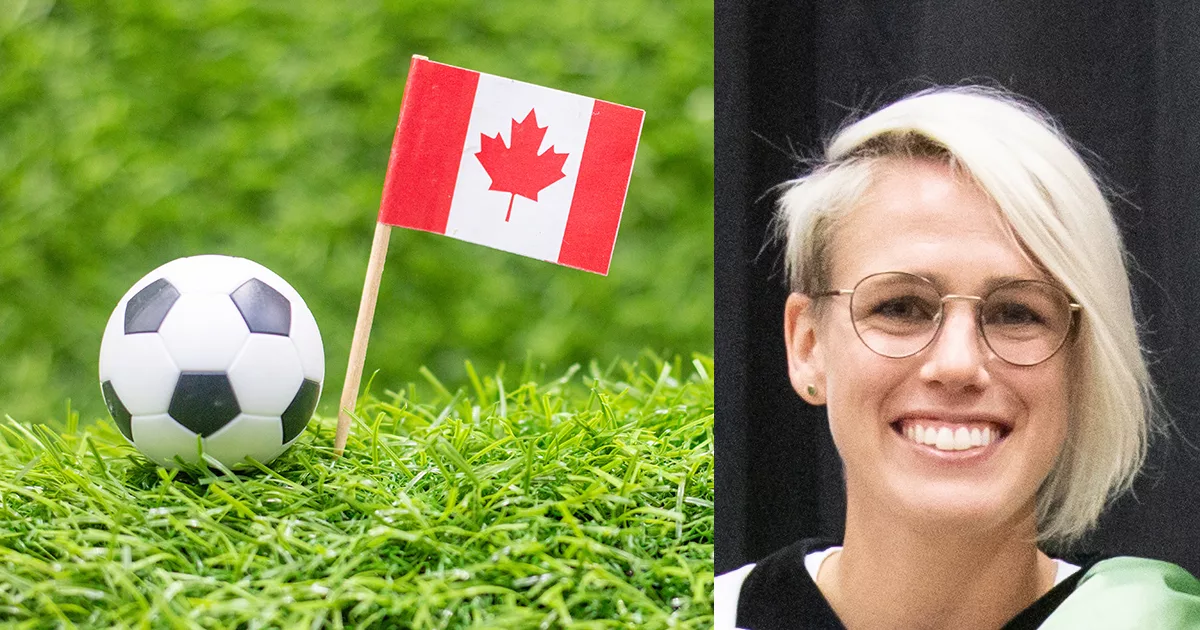 Montage aus einem Porträt von Sophie Schmidt und einem Hintergrund mit Fußball und Kanada-Fahne. © University-of-the-Fraser-Valley-Sophie-Schmidt-3598-32092045117-cropped-CC-BY-2.0-und-Envato.jpg