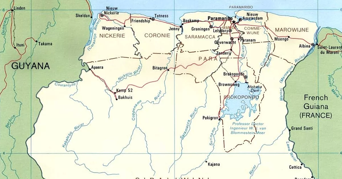 Landkarte von Surinam (Ausschinit). Originalbild: Brokopondo-at-de.wikipedia-Suriname1991-Karte-umstrittene-Gebiete-als-gemeinfrei-gekennzeichnet.jpg